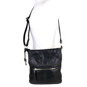 FOSSIL BLACK GENUINE LEATHER KEY CHAIN X-BODY MESSENGER SHOULDER BAG HANDBAG